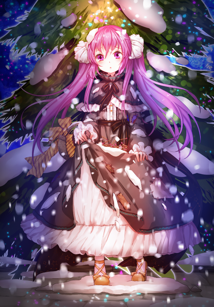 Anime picture 611x874 with original vetina single long hair tall image looking at viewer fringe hair between eyes purple eyes twintails purple hair light snowing winter snow girl dress plant (plants) tree (trees)