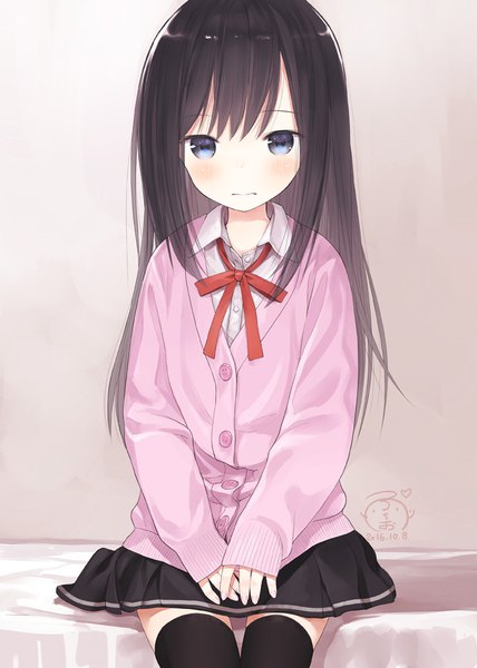 Anime picture 713x1000 with kantai collection asashio destroyer capriccio single long hair tall image looking at viewer blush fringe blue eyes black hair hair between eyes sitting signed nail polish embarrassed zettai ryouiki thigh gap dated sleeves past wrists