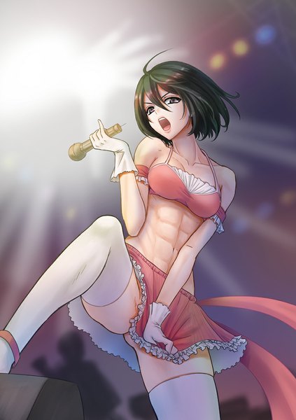 Anime picture 728x1032 with shingeki no kyojin production i.g mikasa ackerman ko.t tall image looking at viewer short hair breasts open mouth light erotic black hair bare shoulders black eyes muscle covering frilly skirt silhouette girl thighhighs skirt