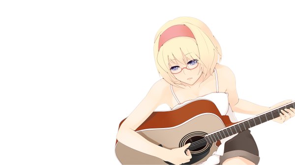 Anime picture 2732x1536 with touhou alice margatroid feitian doushabao single highres short hair blue eyes simple background blonde hair wide image white background girl glasses hairband guitar