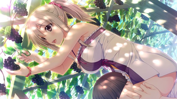 Anime picture 1280x720 with niizuma lovely x cation naruse nono iizuki tasuku long hair blush fringe breasts open mouth blonde hair wide image purple eyes payot looking away game cg ponytail solo focus girl dress food sundress