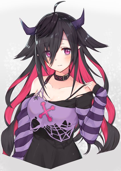 Anime picture 2894x4093 with virtual youtuber nijisanji yamiyono moruru racchi. single long hair tall image looking at viewer blush fringe highres breasts black hair simple background hair between eyes white background payot pink hair cleavage upper body