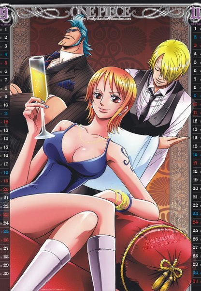 Anime picture 2000x2885 with one piece toei animation nami (one piece) sanji franky tall image highres short hair breasts open mouth light erotic blonde hair sitting bare shoulders blue hair cleavage eyes closed scan orange hair multiple boys