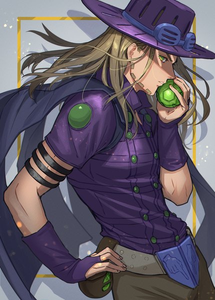 Anime picture 1436x2003 with jojo no kimyou na bouken steel ball run gyro zeppeli acchom zatta single long hair tall image looking at viewer brown hair standing green eyes profile grey background shadow hand on hip framed boy hat ball bridal gauntlets