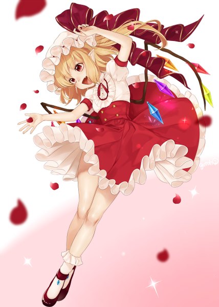 Anime picture 900x1260 with touhou flandre scarlet gotoh510 single long hair tall image blush fringe open mouth blonde hair red eyes payot looking away :d pointy ears sparkle puffy sleeves legs side ponytail adapted costume