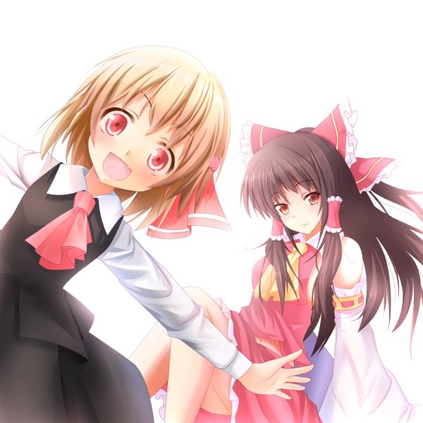 Anime picture 1300x1300 with touhou hakurei reimu rumia long hair looking at viewer short hair open mouth black hair simple background blonde hair white background multiple girls teeth fang (fangs) miko girl dress bow 2 girls hair bow