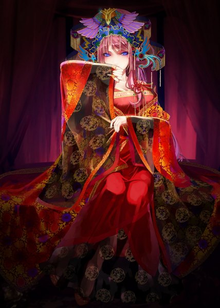 Anime picture 1000x1400 with vocaloid megurine luka okingjo single long hair tall image looking at viewer blue eyes sitting traditional clothes japanese clothes wide sleeves eyeshadow girl hair ornament headdress