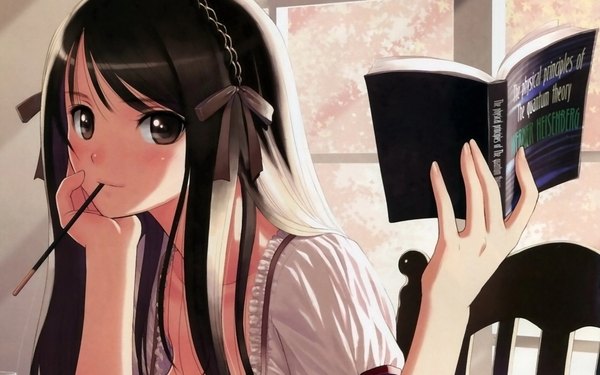 Anime picture 1920x1200 with fault!! saeki ai tony taka single looking at viewer blush highres black hair smile holding indoors head tilt black eyes arm support open shirt happy girl window white shirt hairband