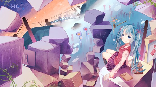 Anime picture 1920x1080 with vocaloid hatsune miku itamidome single long hair highres blue eyes smile wide image sitting twintails blue hair loli city girl serafuku school bag letter cube
