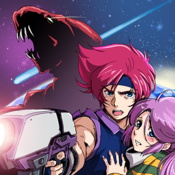 Anime picture 800x800 with jesus kyofu no bio monster eline suleiman musou hayao yazwo long hair blush short hair open mouth blue eyes looking away pink hair purple hair ahoge space scared girl boy weapon hairband monster