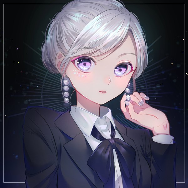 Anime picture 3059x3059 with original rubianeko single looking at viewer highres short hair purple eyes absurdres silver hair upper body nail polish black background framed girl earrings bowtie