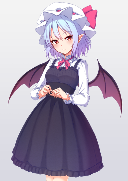 Anime picture 766x1080 with touhou remilia scarlet junior27016 single tall image looking at viewer blush fringe short hair simple background smile hair between eyes standing brown eyes blue hair long sleeves head tilt pointy ears grey background alternate costume