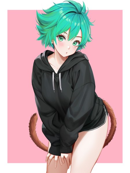 Anime picture 1536x2048 with original kiki (red 8387) jubi (regiana) single tall image looking at viewer short hair simple background green eyes signed tail long sleeves parted lips head tilt animal tail green hair mole mole under eye sleeves past wrists pink background