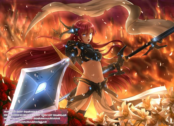Anime picture 1866x1358 with vocaloid megurine luka kazeno single long hair highres open mouth blue eyes red hair girl navel flower (flowers) weapon sword armor fire banner