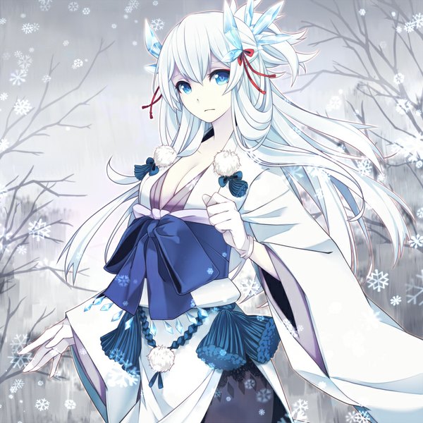 Anime picture 800x800 with original merlusa single long hair looking at viewer fringe breasts blue eyes hair between eyes standing cleavage white hair traditional clothes japanese clothes wide sleeves snowing pale skin bare tree girl hair ornament