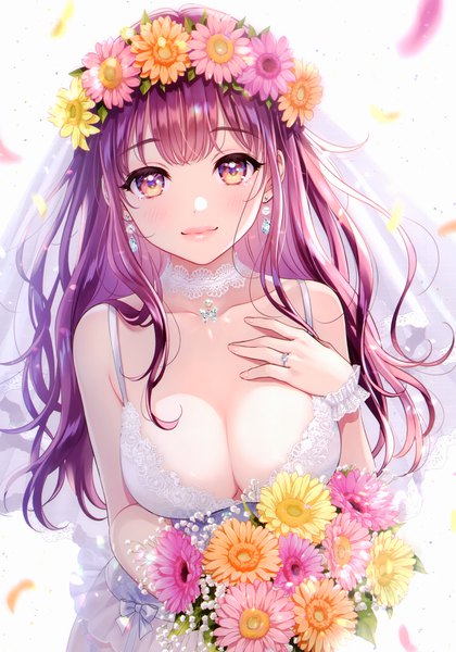 Anime picture 2401x3429 with original morikura en single long hair tall image looking at viewer blush fringe highres breasts light erotic simple background smile large breasts standing bare shoulders holding yellow eyes cleavage purple hair