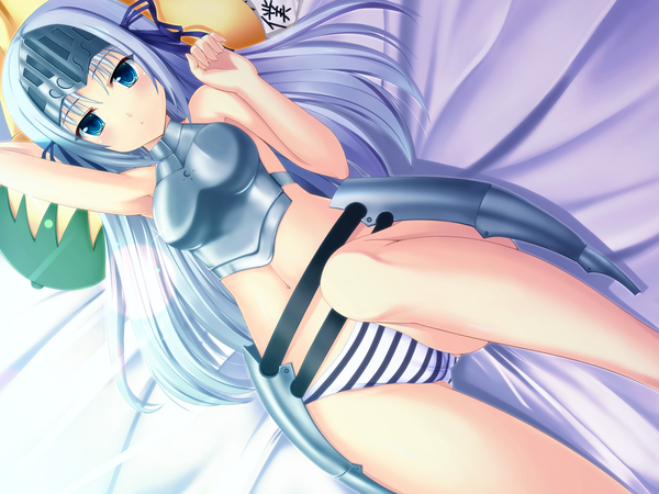 Anime picture 1600x1200 with kore wa zombie desu ka? studio deen eucliwood hellscythe single long hair blue eyes light erotic silver hair girl navel underwear panties ribbon (ribbons) armor striped panties