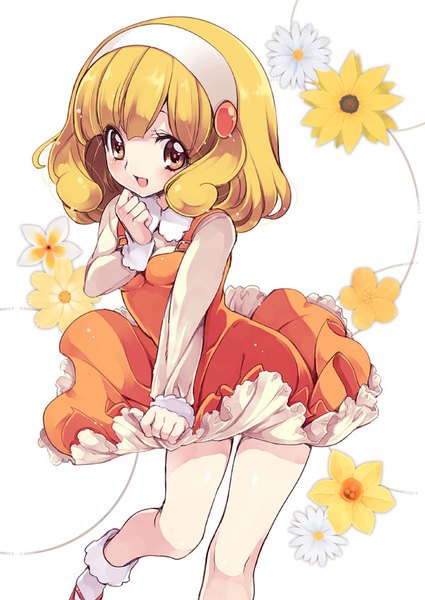 Anime picture 600x847 with precure smile precure! toei animation kise yayoi yukiwo single long hair tall image blush fringe open mouth blonde hair white background brown eyes looking away :d floral background girl dress socks