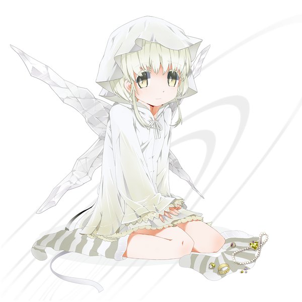 Anime picture 1300x1300 with original magnetar mizushirazu simple background blonde hair white background sitting yellow eyes girl wings socks hood jewelry striped socks