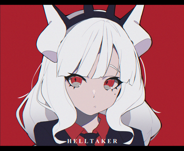 Anime picture 1863x1530 with helltaker lucifer (helltaker) meow nyang single long hair looking at viewer fringe highres simple background red eyes upper body white hair blunt bangs horn (horns) mole copyright name mole under eye letterboxed demon girl red background