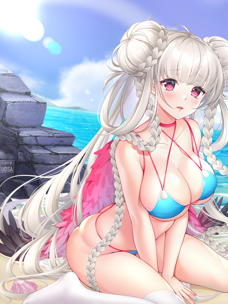 Anime-Bild 1125x1500 mit azur lane formidable (azur lane) formidable (the lady of the beach) (azur lane) uosaasou single tall image looking at viewer blush fringe breasts open mouth light erotic large breasts sitting bare shoulders signed payot sky cleavage cloud (clouds)
