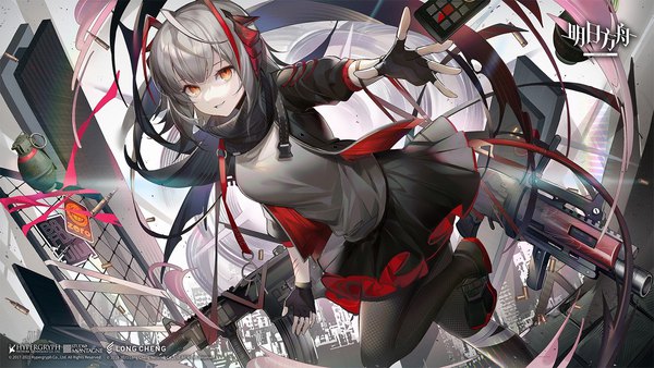 Anime picture 1500x844 with arknights w (arknights) machi (7769) single looking at viewer short hair wide image horn (horns) grey hair open jacket orange eyes copyright name outstretched hand girl skirt gloves weapon pantyhose jacket black pantyhose