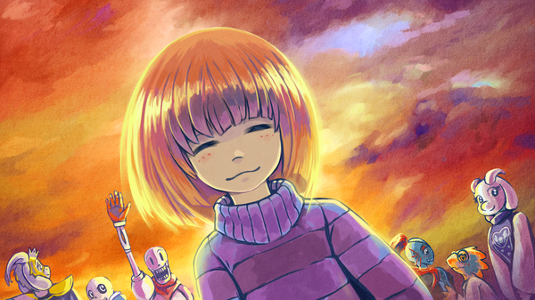 Anime picture 1920x1080 with undertale frisk (undertale) sans (undertale) undyne (undertale) papyrus (undertale) alphys (undertale) toriel (undertale) saturnspace looking at viewer blush fringe highres short hair open mouth smile wide image sky cloud (clouds) red hair eyes closed