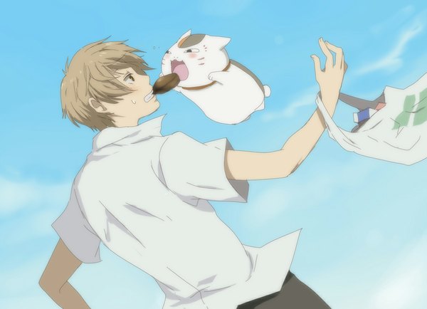 Anime picture 1024x742 with natsume yuujinchou brains base (studio) natsume takashi madara (nyanko-sensei) tagme (artist) blush short hair open mouth blonde hair yellow eyes sky cloud (clouds) jumping falling uniform school uniform food cat plastic bag