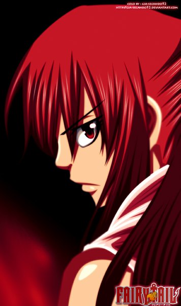 Anime picture 600x1009 with fairy tail erza scarlet seireiart single long hair tall image red eyes red hair profile inscription coloring close-up face girl