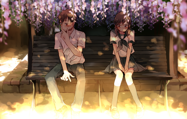 Anime picture 2000x1272 with original makoji (yomogi) long hair blush fringe highres short hair brown hair twintails brown eyes looking away outdoors pleated skirt short sleeves embarrassed low twintails looking down hand on face girl boy