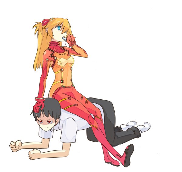 Anime picture 1080x1020 with neon genesis evangelion gainax soryu asuka langley ikari shinji mazonano (artist) long hair short hair blue eyes black hair simple background blonde hair red eyes white background sitting looking away kneeling sitting on person girl boy hair ornament