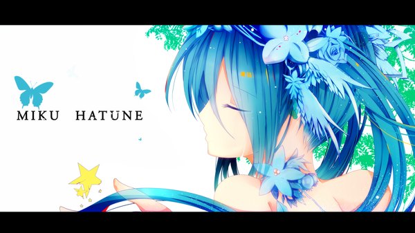Anime picture 1920x1080 with vocaloid hatsune miku bloodcatblack (tsukiko) single long hair highres wide image blue hair eyes closed profile hair flower character names girl hair ornament flower (flowers) insect butterfly