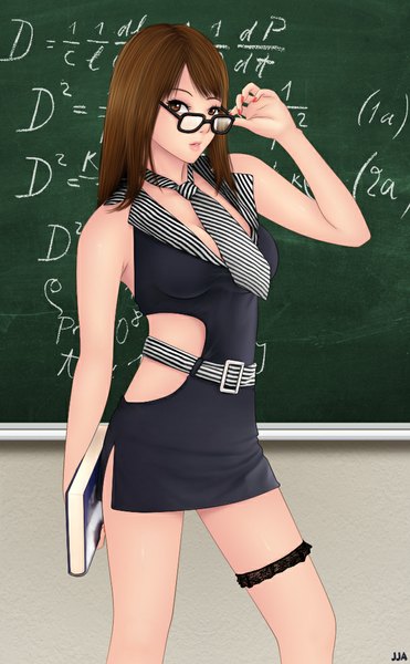 Anime picture 650x1050 with original khalitzburg single long hair tall image looking at viewer brown hair brown eyes teacher girl glasses necktie book (books)