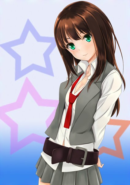 Anime picture 700x990 with idolmaster idolmaster cinderella girls shibuya rin mossan (mossan-777) single long hair tall image looking at viewer blush fringe brown hair standing green eyes cleavage head tilt pleated skirt gradient background blue background hands behind back partially open clothes