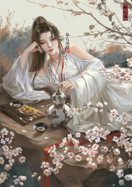 Anime picture 827x1168 with tianya mingyue dao qing jiu li yinse qi ji single long hair tall image looking at viewer black hair brown eyes signed payot outdoors ponytail lying traditional clothes parted lips realistic off shoulder wide sleeves cherry blossoms