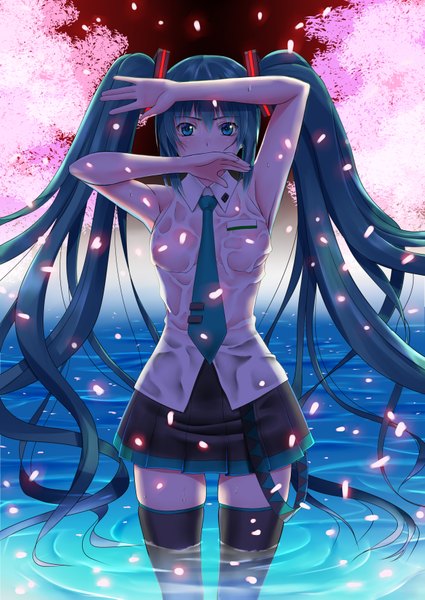 Anime picture 2507x3541 with vocaloid hatsune miku suuitchi (artist) single tall image looking at viewer blush highres twintails very long hair aqua eyes aqua hair wet clothes girl thighhighs skirt petals water necktie