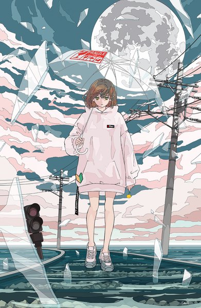 Anime picture 1200x1839 with original seraphitalg single tall image short hair brown hair green eyes sky cloud (clouds) full body outdoors transparent umbrella girl shoes hood moon umbrella full moon hoodie sneakers