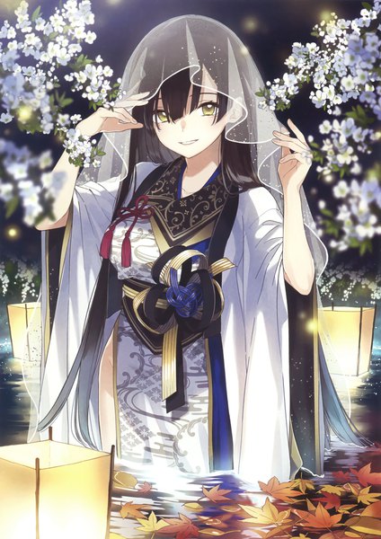 Anime-Bild 2122x3000 mit original eshi 100-nin ten buuta single long hair tall image looking at viewer blush fringe highres black hair smile hair between eyes yellow eyes upper body traditional clothes parted lips blurry scan wide sleeves