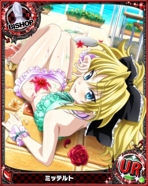 Anime picture 640x800 with highschool dxd mittelt single long hair tall image looking at viewer open mouth blue eyes light erotic blonde hair twintails loli card (medium) girl flower (flowers) bow swimsuit hair bow petals