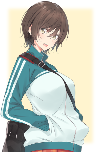 Anime picture 920x1382 with asagao to kase-san zexcs kase tomoka nekoume single tall image looking at viewer fringe short hair open mouth simple background hair between eyes brown hair brown eyes upper body :d border yellow background hands in pockets girl