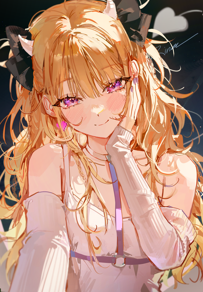 Anime picture 2454x3541 with original kellymonica02 single long hair tall image looking at viewer blush fringe highres blonde hair smile hair between eyes bare shoulders upper body long sleeves nail polish head tilt pink eyes horn (horns) sleeves past wrists