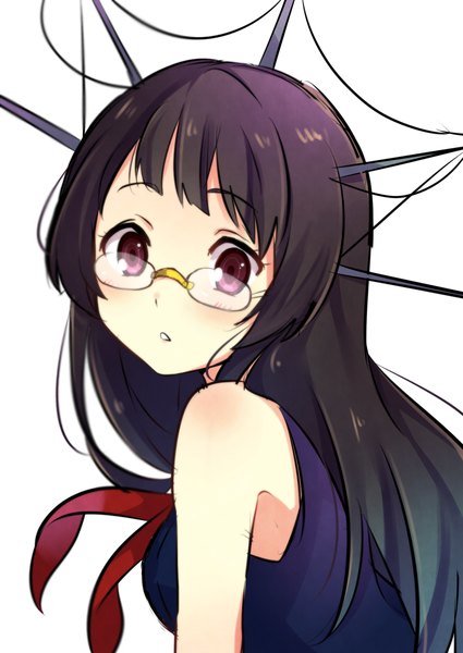 Anime picture 850x1200 with kantai collection choukai heavy cruiser yukichi (eikichi) single long hair tall image looking at viewer blush fringe black hair simple background white background purple eyes bare shoulders parted lips sleeveless portrait surprised girl hair ornament