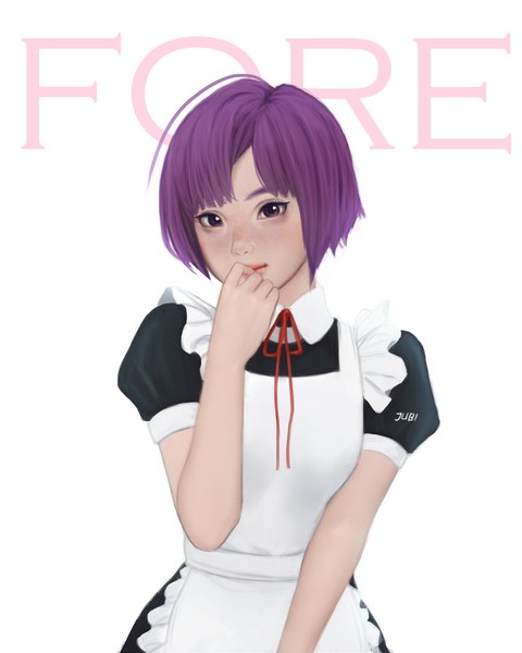 Anime picture 2400x3000 with original fore farlone (jubi) jubi (regiana) single tall image looking at viewer highres short hair simple background white background purple eyes signed purple hair upper body light smile short sleeves maid puffy sleeves character names dark skin
