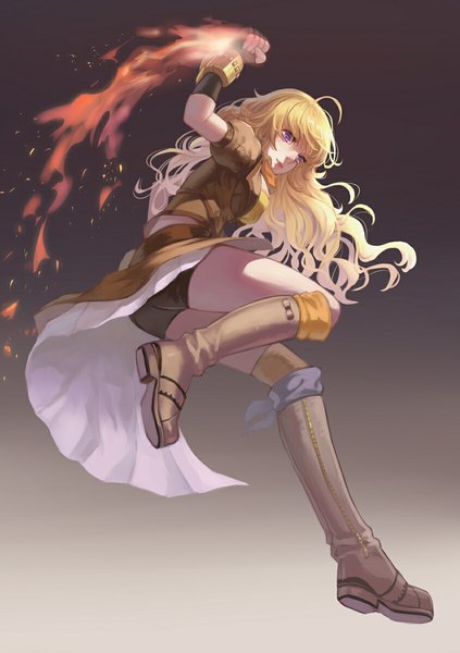 Anime picture 844x1197 with rwby rooster teeth yang xiao long -elf-jy single long hair tall image blonde hair purple eyes girl dress boots fire