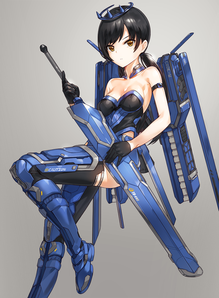 Anime picture 789x1070 with original kfr single long hair tall image looking at viewer breasts light erotic black hair simple background twintails bare shoulders holding brown eyes cleavage bent knee (knees) grey background expressionless mechanical mecha musume