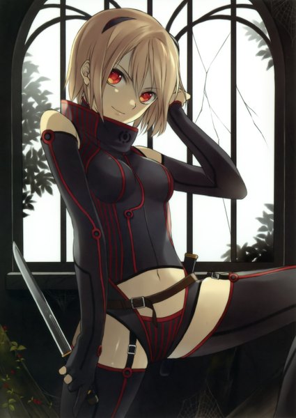 Anime picture 2144x3029 with original japanese sword girls (artbook) ryou (kimagure) single tall image highres short hair light erotic blonde hair red eyes girl thighhighs gloves navel underwear panties weapon choker elbow gloves window