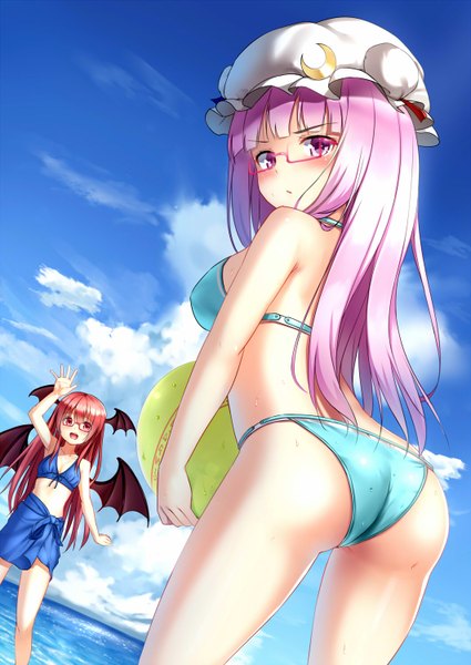 Anime picture 1062x1500 with touhou patchouli knowledge koakuma alexmaster long hair tall image looking at viewer blush open mouth light erotic red eyes purple eyes bare shoulders multiple girls sky purple hair cloud (clouds) ass red hair looking back