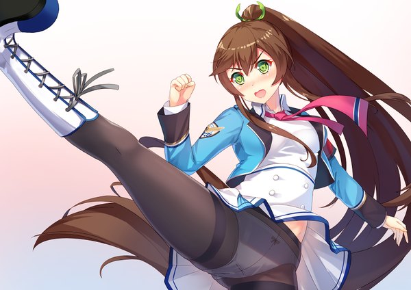 Anime picture 1754x1240 with original dance of eternity single blush fringe highres breasts open mouth light erotic simple background hair between eyes brown hair green eyes looking away ponytail very long hair gradient background lacing upskirt kick