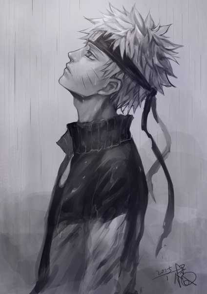 Anime picture 2480x3508 with naruto studio pierrot naruto (series) uzumaki naruto fan ju single tall image highres short hair signed profile open jacket facial mark monochrome looking up rain whisker markings jinchuriki spiked hair boy