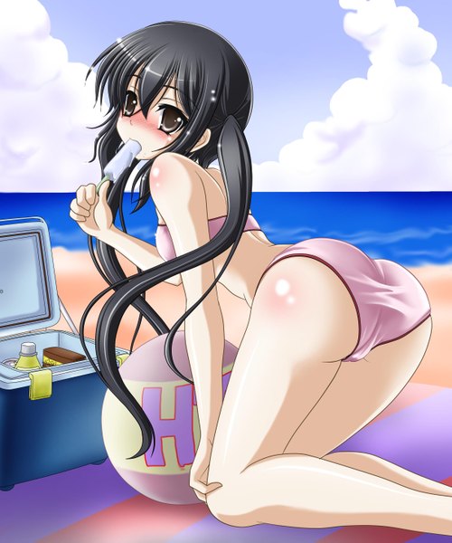 Anime picture 2409x2887 with k-on! kyoto animation nakano azusa final (artist) single long hair tall image blush highres light erotic black hair twintails brown eyes beach girl swimsuit bikini food sweets ice cream